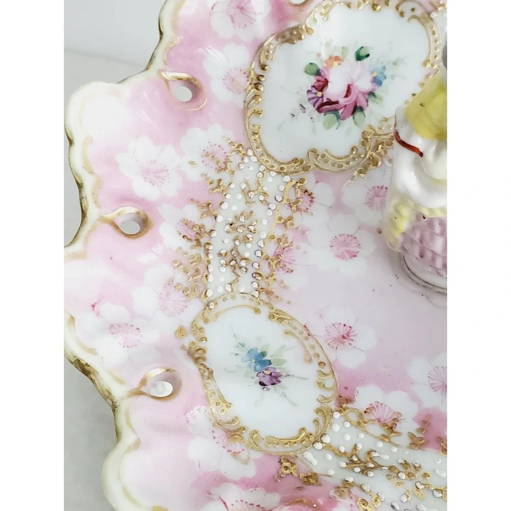Trinket Dish Pink Floral Figurine Tiered Jewelry Stand Vintage Gold Gilt Shabby